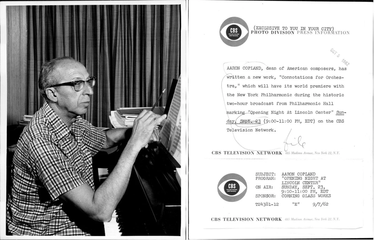 Aaron Copland at a piano in a CBS publicity photograph released on 7 September 1962, with the complete original front-and-back scan retained.