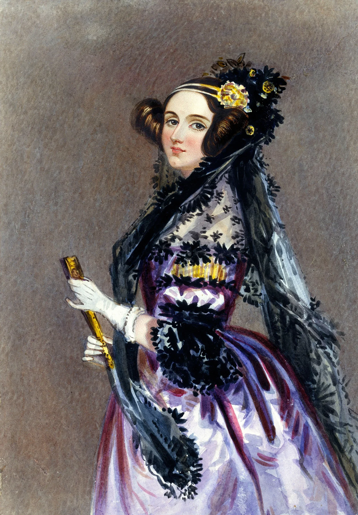 Complete supplied watercolour portrait of Ada Lovelace wearing a decorated headdress and holding a fan.