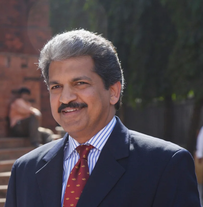 Anand Mahindra outdoors in a suit and patterned tie in February 2007, with the complete supplied background and portrait frame.
