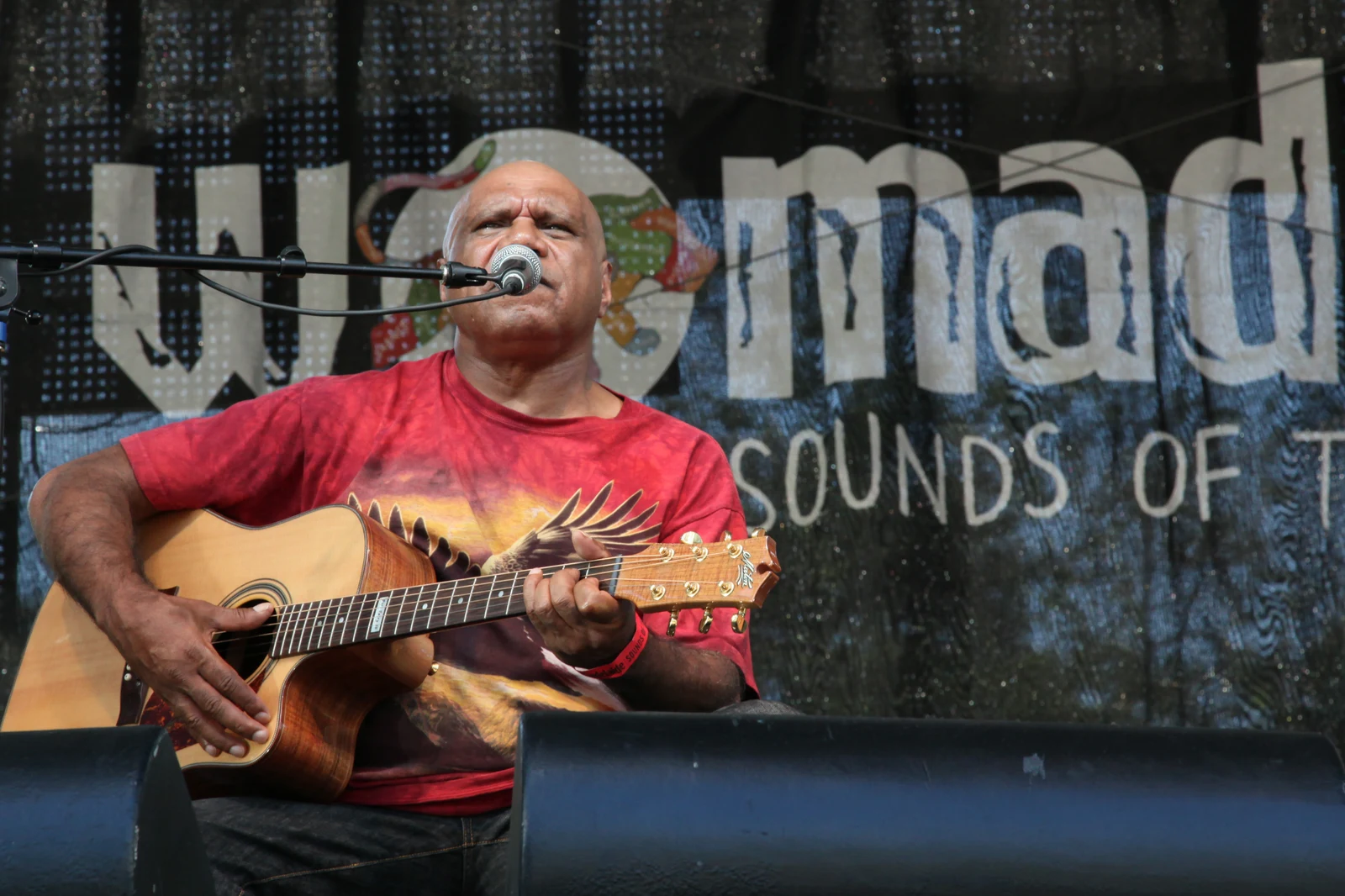 Archie Roach singing and playing an acoustic guitar on the WOMADelaide stage in March 2011, with the complete supplied stage frame
