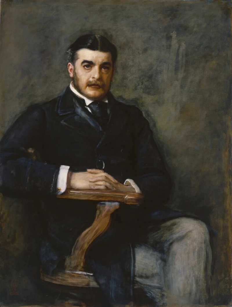 Complete 1888 Millais painting of Arthur Sullivan seated with hands resting on furniture, retaining lower-left painted marks and all supplied edges
