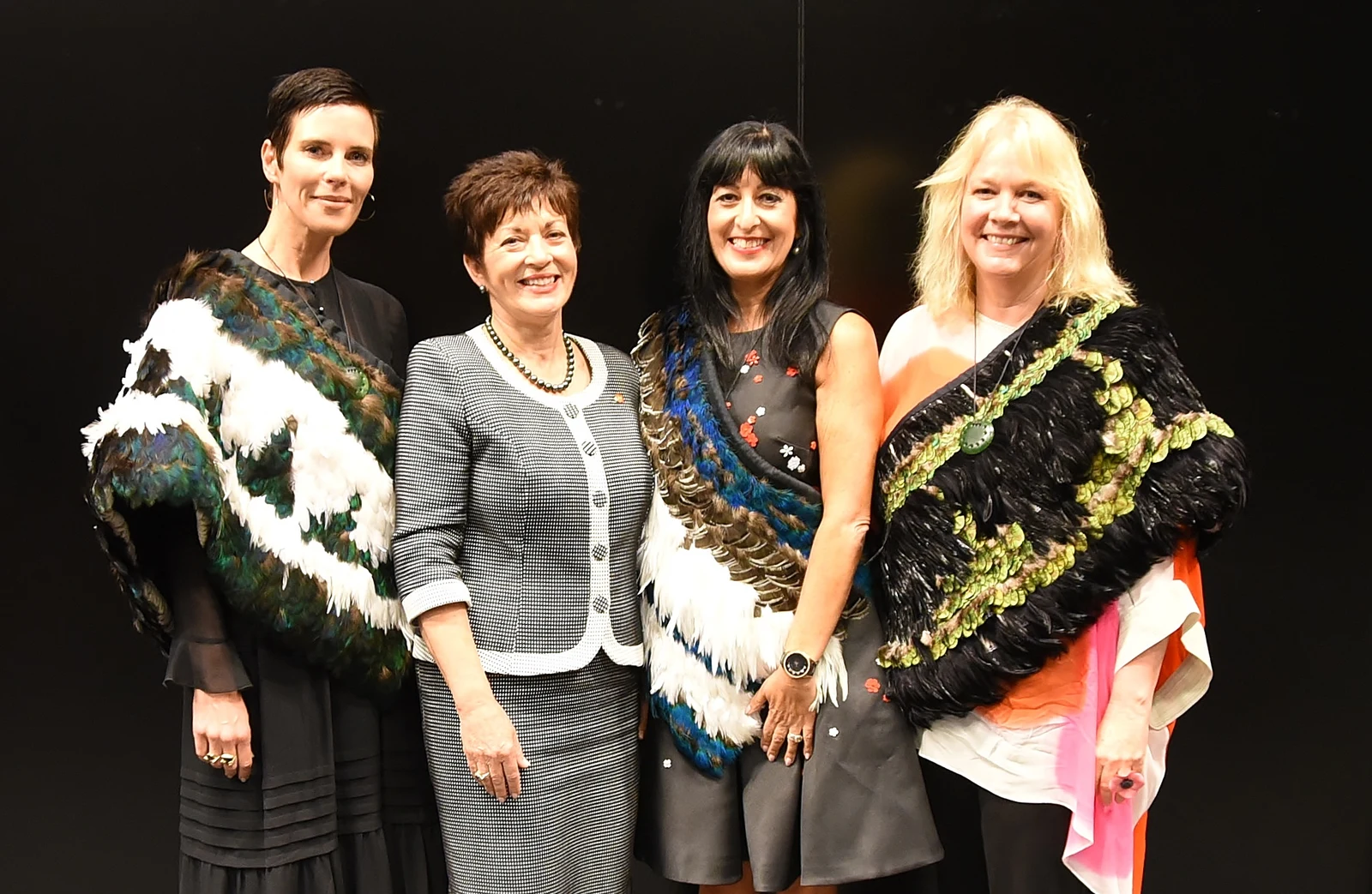 Complete 2017 four-person Hall of Fame photograph: Audette Exel is far right, beside Carmel Fisher, Dame Patsy Reddy and Karen Walker; all people and original framing retained.