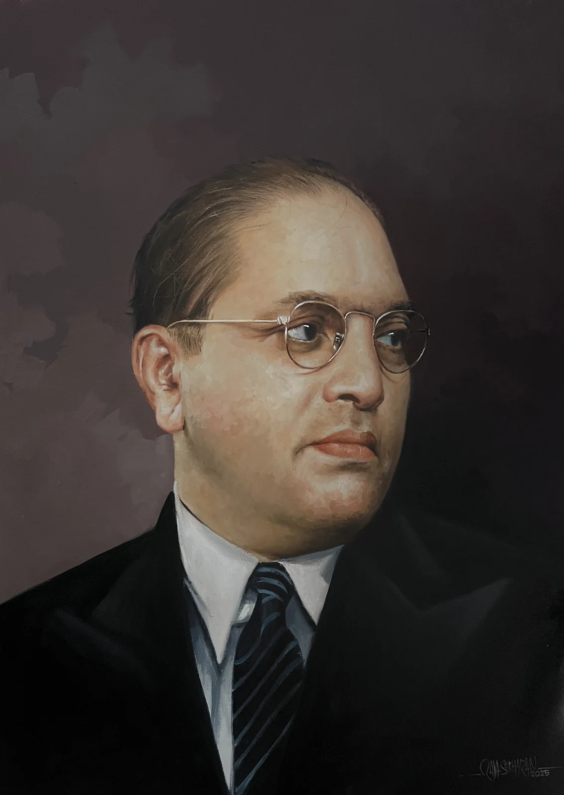 Later oil portrait of B. R. Ambedkar in a suit and glasses by Rajasekharan Parameswaran, dated 2025, with the complete canvas and signature.