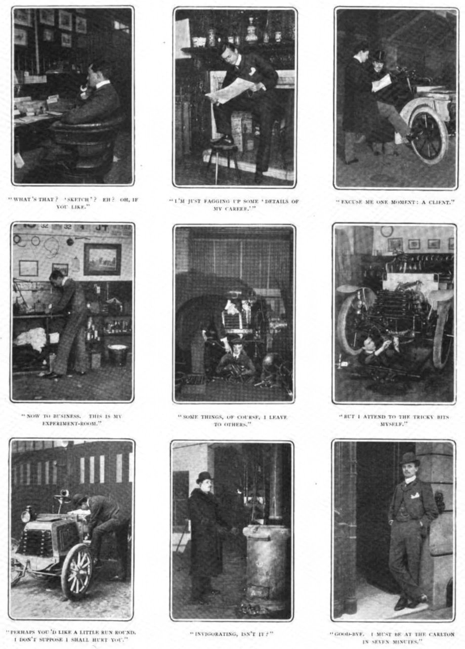 Nine photographs and captions show Charles Stewart Rolls at work, inspecting and driving cars in a 1903 photographic interview; every supplied panel is retained.