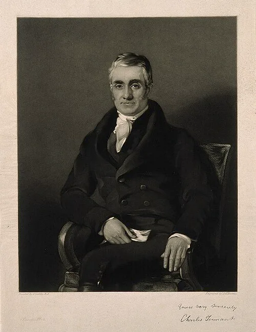 Complete mezzotint of Charles Tennant seated with a book, retaining the paper margins, inscription and signature.
