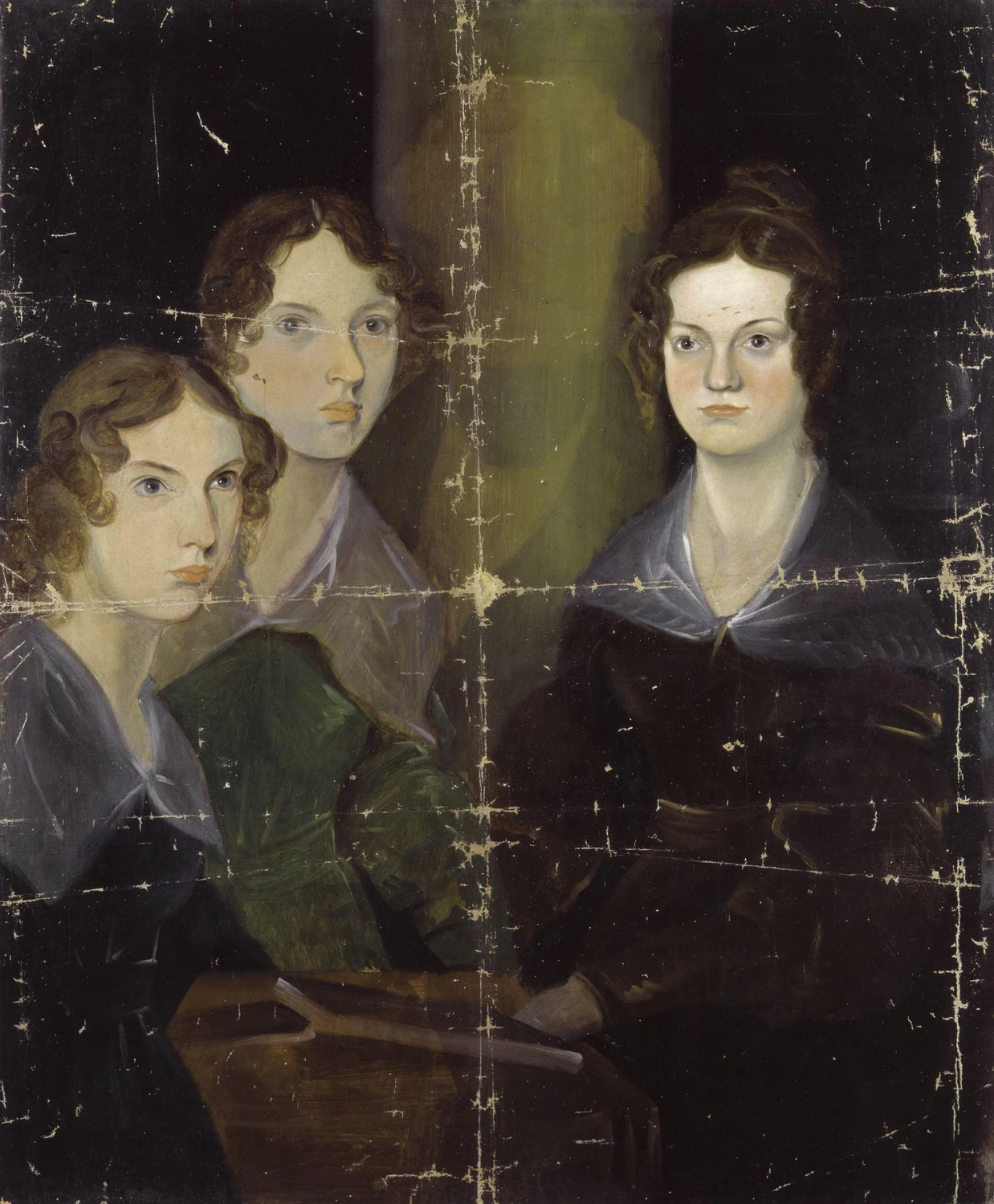 Complete Branwell Brontë group painting: Anne at the left, Emily in the centre and Charlotte at the right, with historical pillar and visible canvas damage retained