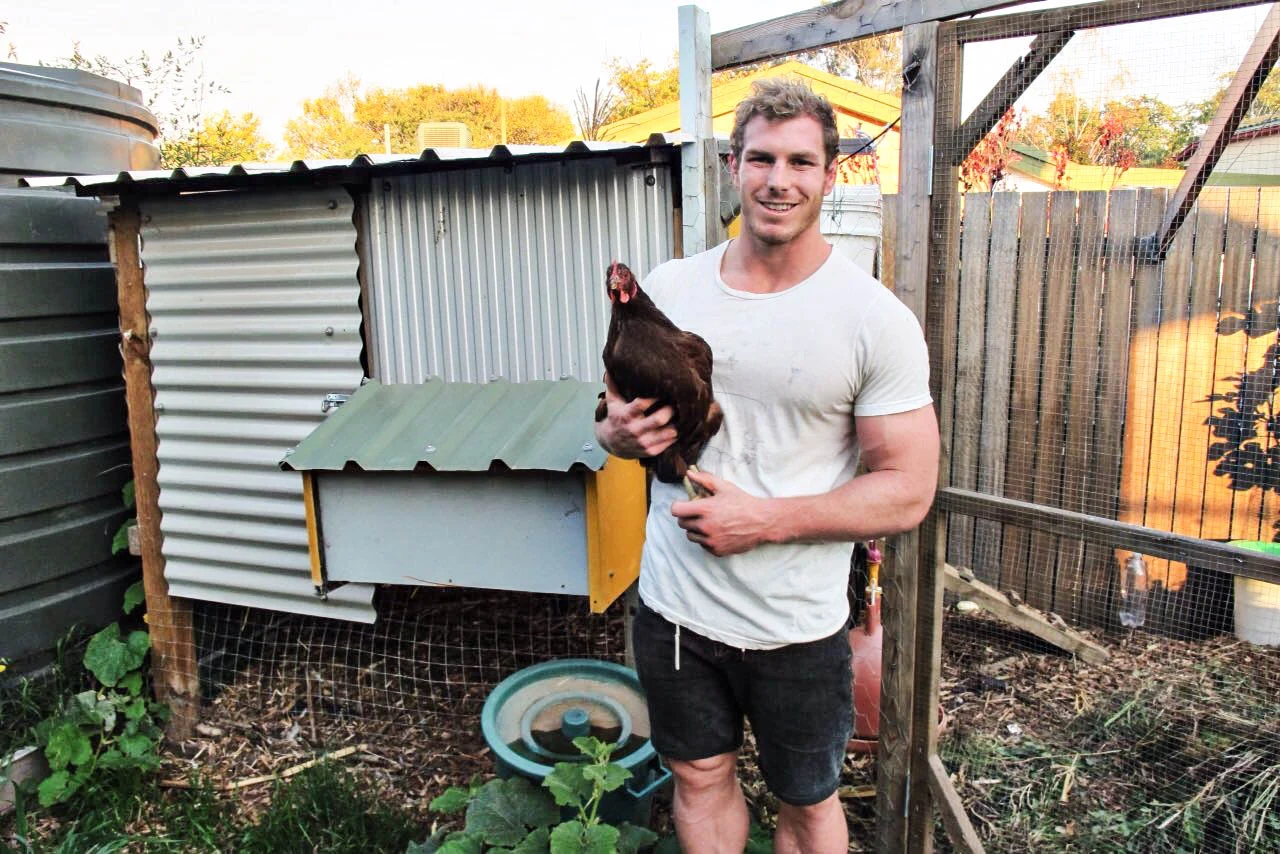 David Pocock in a white T-shirt holding a Rhode Island Red chicken beside a backyard chicken coop in Canberra, with the complete supplied frame retained.