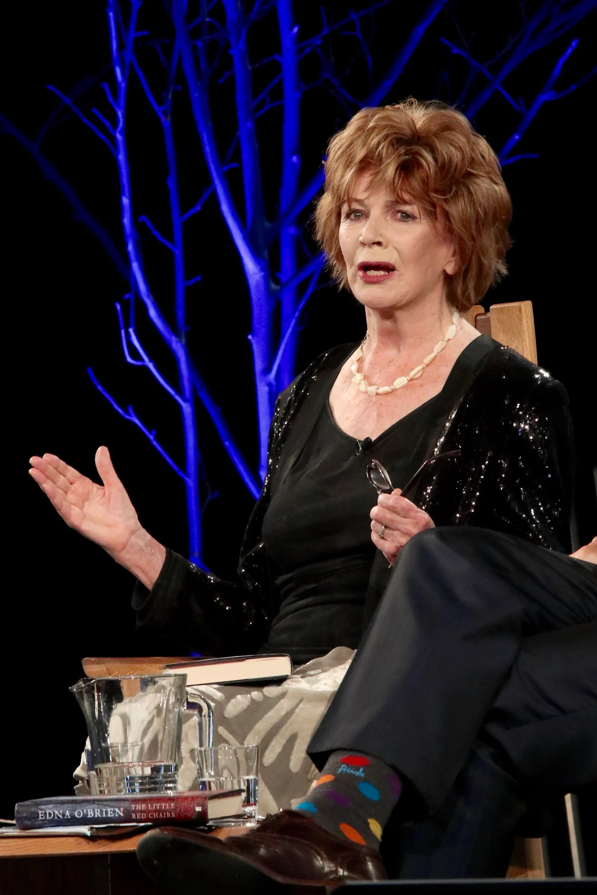 Edna O’Brien seated and speaking at the Hay Festival on 30 May 2016