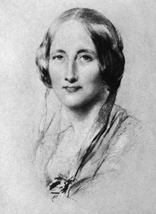 Monochrome book reproduction of George Richmond’s 1851 portrait of Elizabeth Gaskell, with shoulders and pale paper background retained