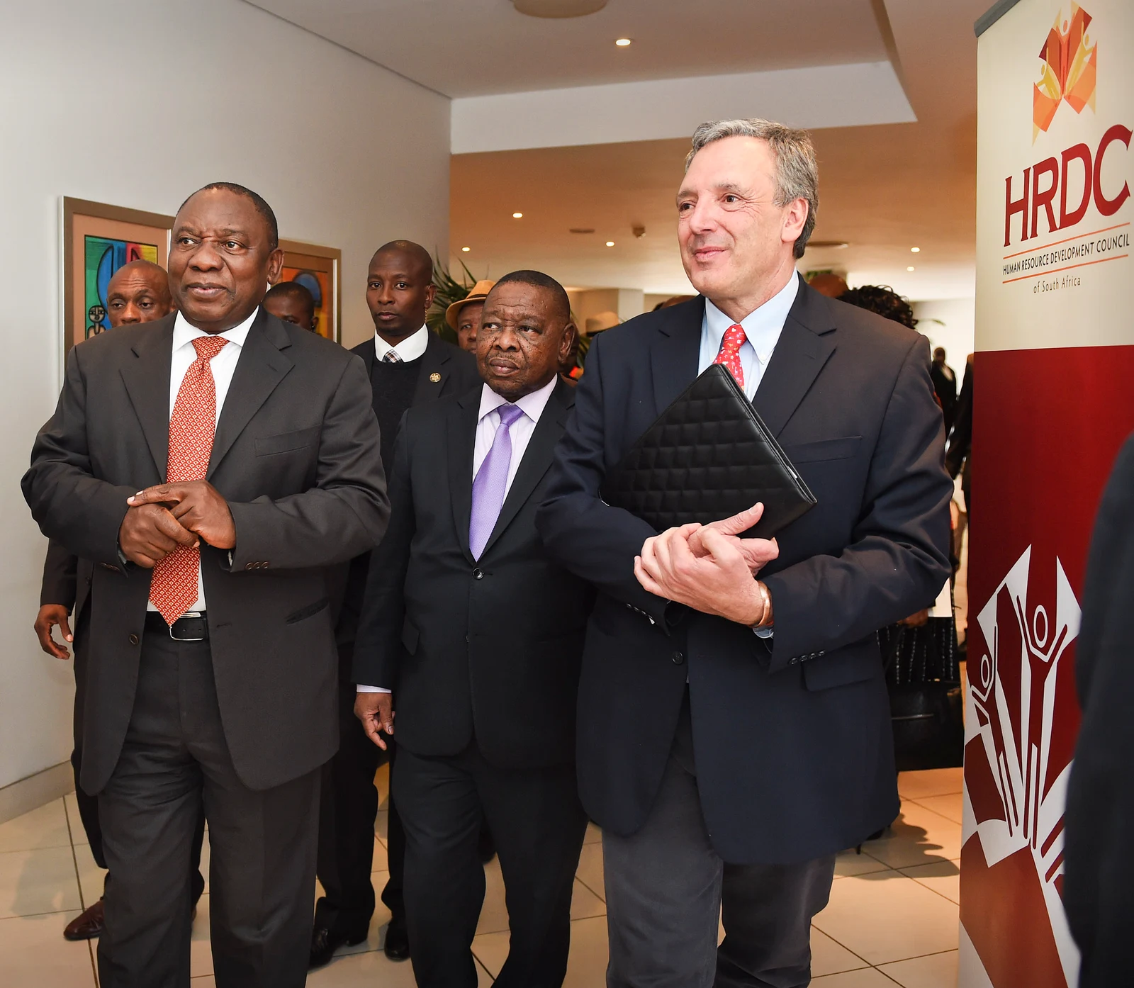 Gareth Ackerman on the right beside Cyril Ramaphosa and Blade Ndzimande at a 2015 HRDC meeting.