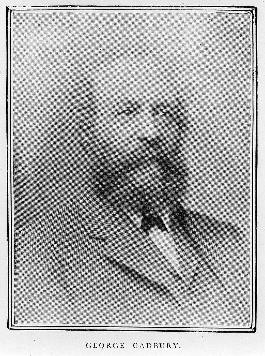 Complete printed photographic portrait of the bearded George Cadbury, retaining its decorative border and printed name.
