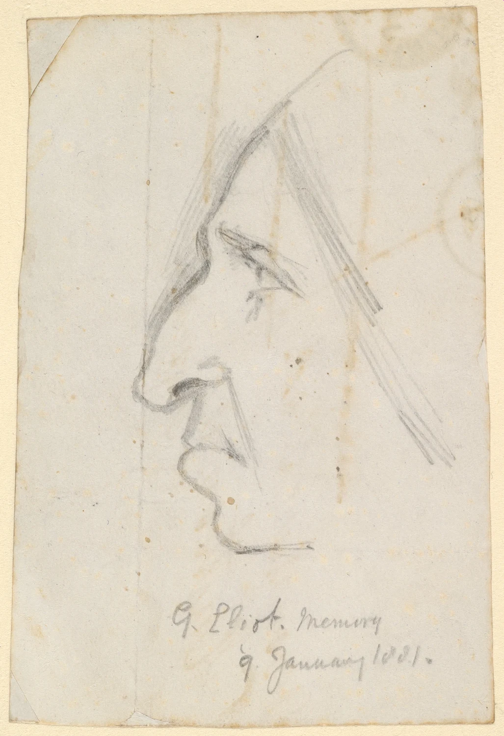 Complete inscribed sheet of George Richmond’s 1881 posthumous memory sketch of George Eliot in profile, with paper damage retained
