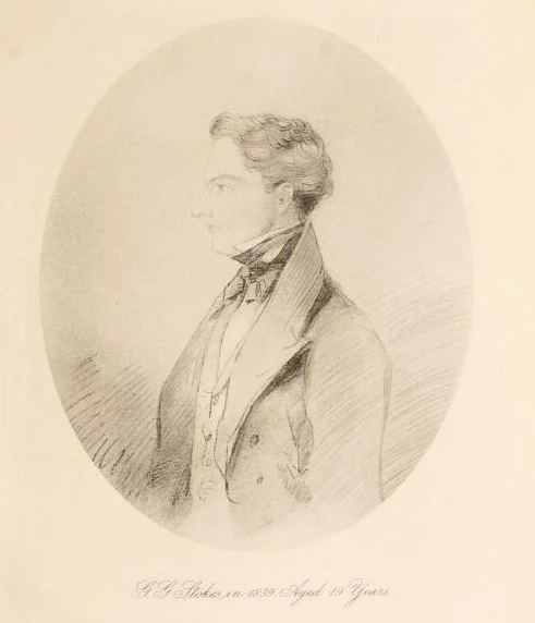 George Gabriel Stokes aged nineteen in a historic pencil sketch reproduced by Teresa Stokes, with the complete supplied frame and caption retained.