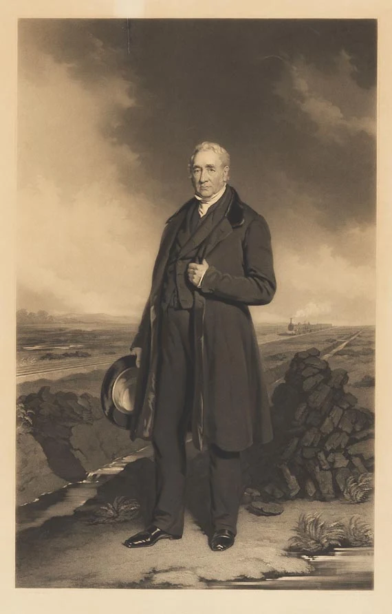 Full-length 1849 engraving of George Stephenson holding a hat beside a railway landscape, with all supplied paper borders retained.