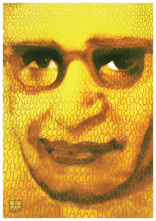 Har Gobind Khorana in Karina Åberg’s complete illustrated portrait; decorative letters are artwork, not research data.