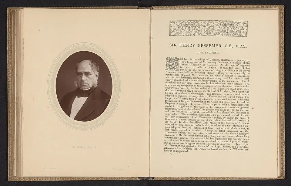 Complete Rijksmuseum album spread with Lock and Whitfield’s portrait of Henry Bessemer on the left and a printed biography on the right.