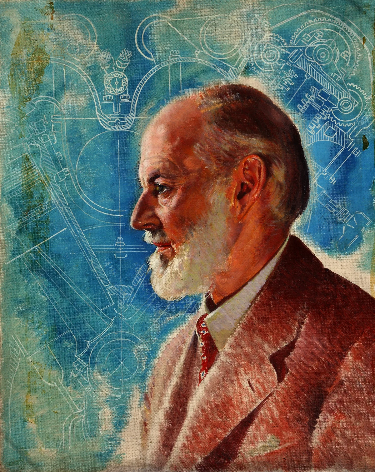 Posthumous oil portrait of Henry Royce in profile against engine drawings, made in 1939–1946; complete canvas view with visible wear.