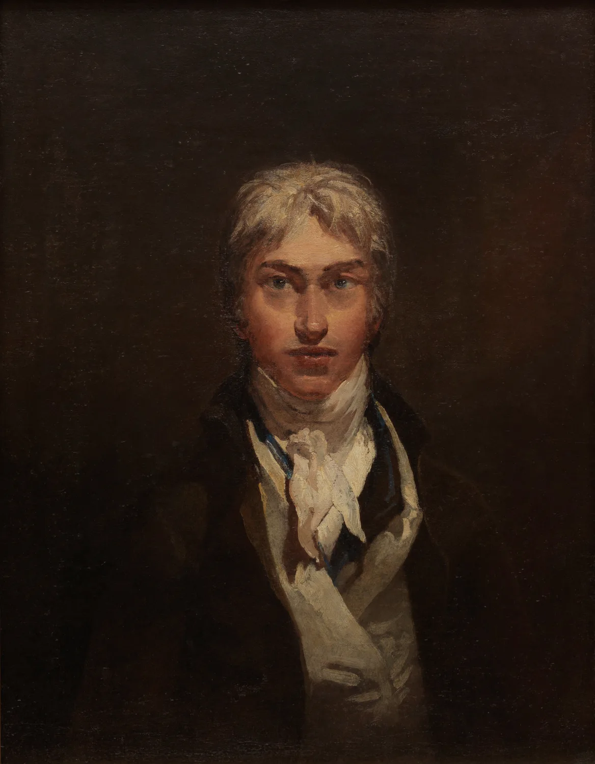 Turner’s self-portrait from about 1799, showing his face, dark jacket and white neckcloth against a dark background