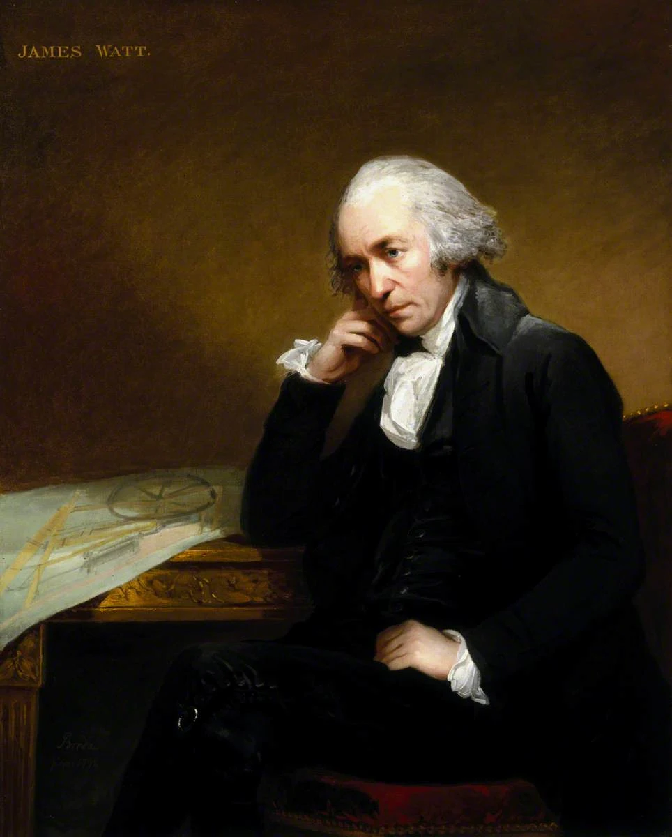 James Watt seated beside engineering drawings in a complete 1792 oil portrait by Carl Frederik von Breda.
