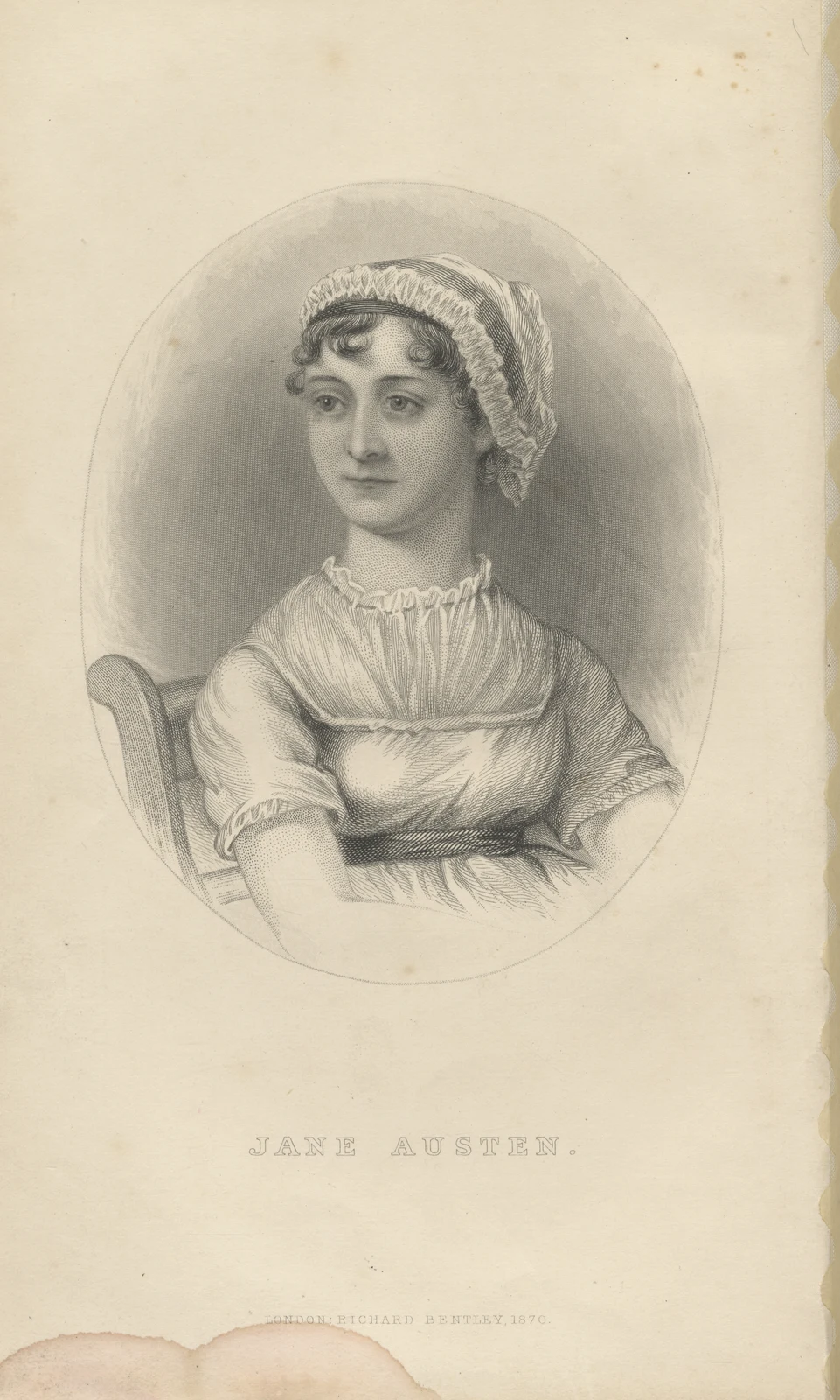 Complete original scan of the 1870 Memoir frontispiece interpreting Jane Austen after James Andrews and Cassandra Austen, with its printed name, publisher line and worn paper edges