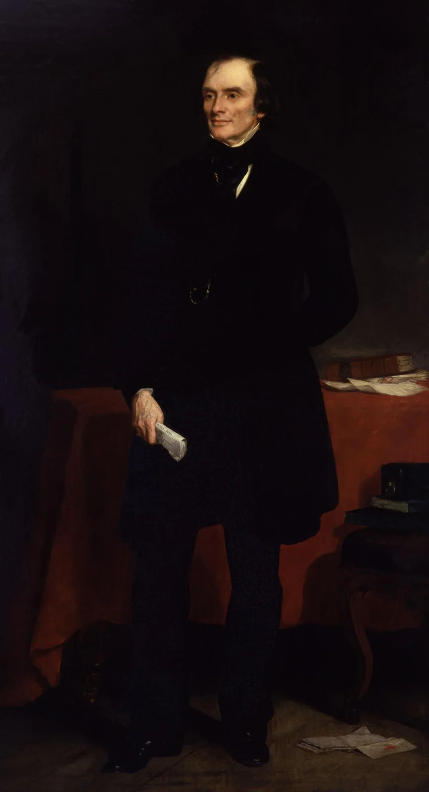 Complete 1853 Sir Francis Grant painting of Lord John Russell standing beside a table with books and papers, full figure and floor retained.