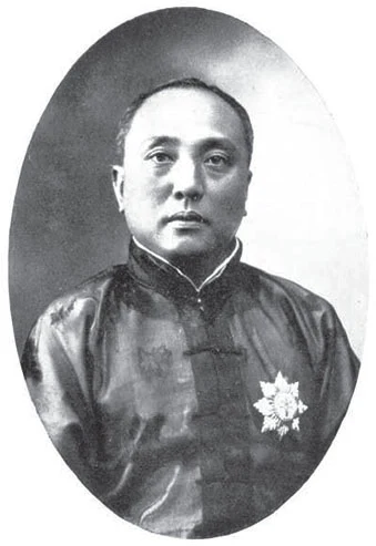 Lim Nee Soon seated in an oval historical portrait, wearing dark traditional clothes and a medal.