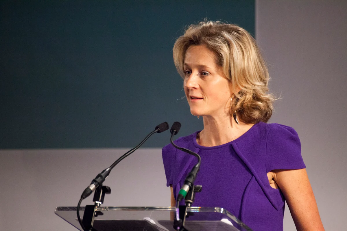 Martha Lane Fox speaking at a clear lectern with two microphones at Sprint14 in January 2014; complete original landscape frame.