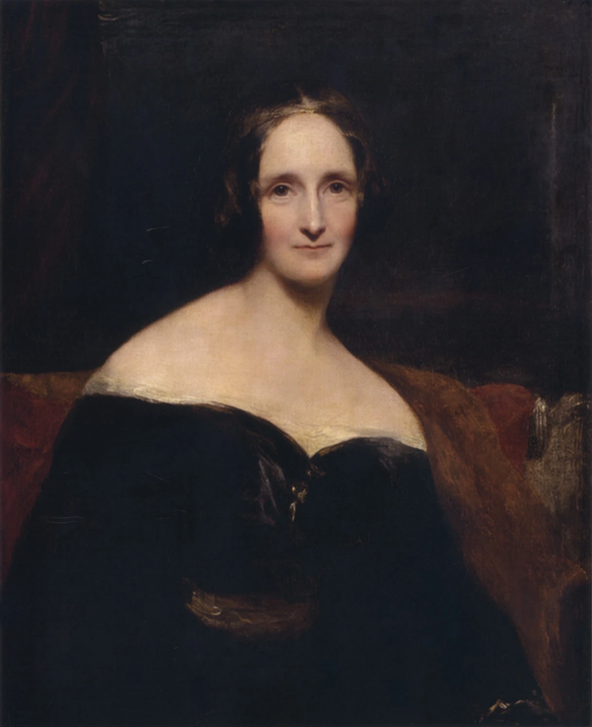 Unretouched print scan of Richard Rothwell’s historical portrait of Mary Shelley in a black dress, with the supplied surface scratches and full image edges preserved