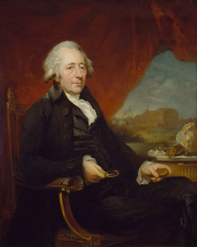 Oil portrait by Carl Frederik von Breda showing Matthew Boulton seated with a magnifying glass and a coin, with a factory visible beyond; complete supplied canvas view.