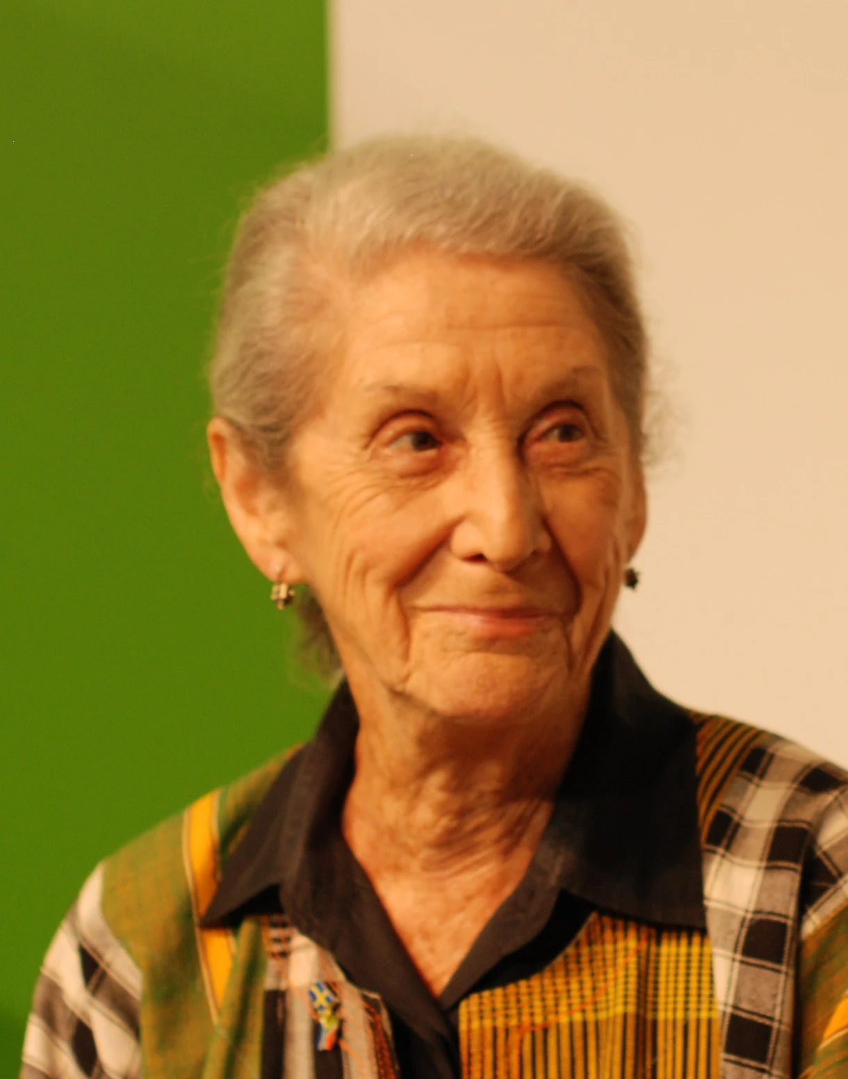 Nadine Gordimer in a plaid shirt at the 2010 Göteborg Book Fair, retaining the photographer’s entire original portrait frame.
