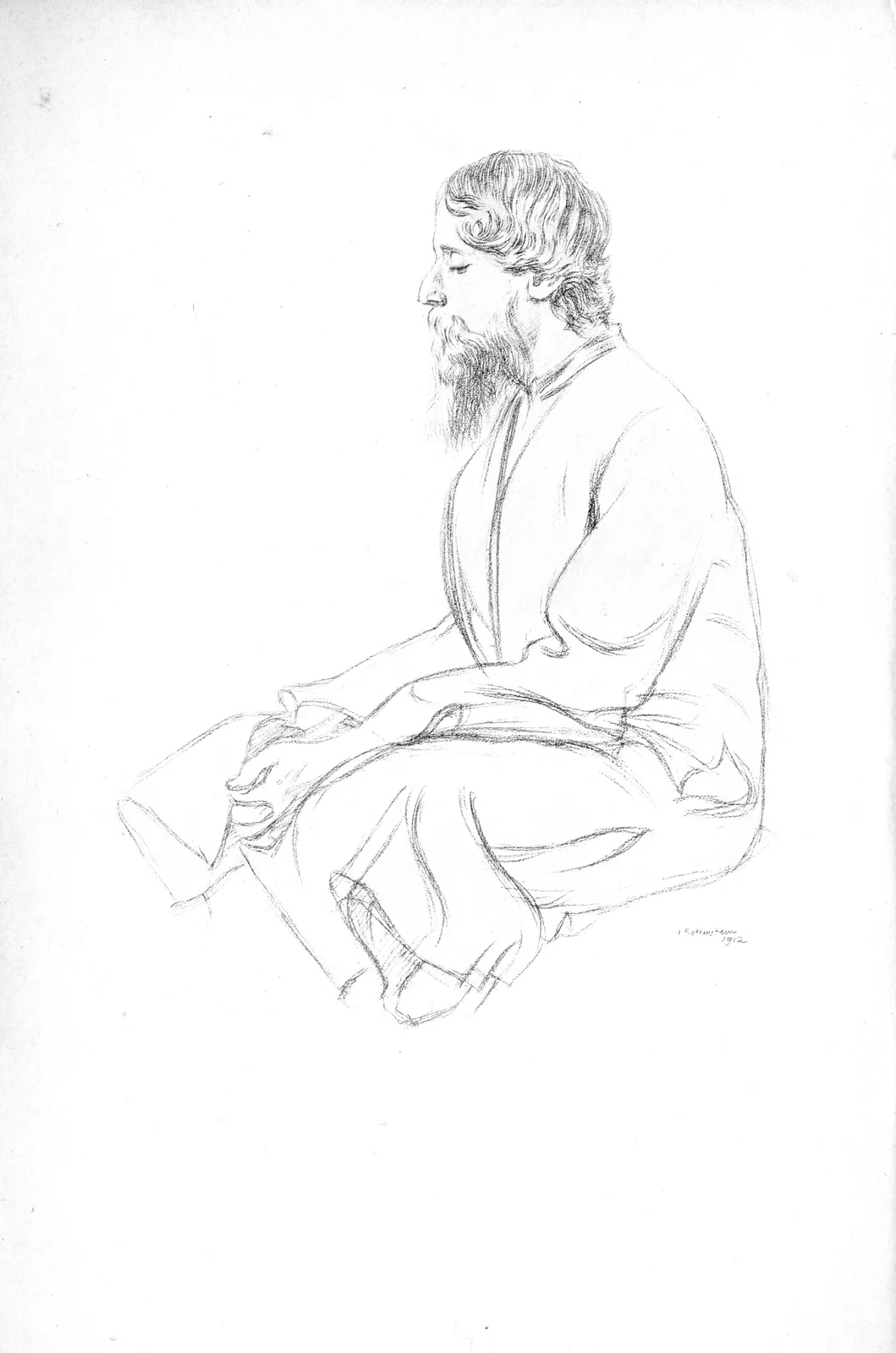 Complete scanned frontispiece page showing William Rothenstein’s seated profile drawing of Rabindranath Tagore, dated 1912, with signature, broad margins and page marks