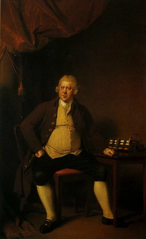 Full-length painted portrait of Richard Arkwright by Joseph Wright of Derby, with a spinning mechanism beside him.