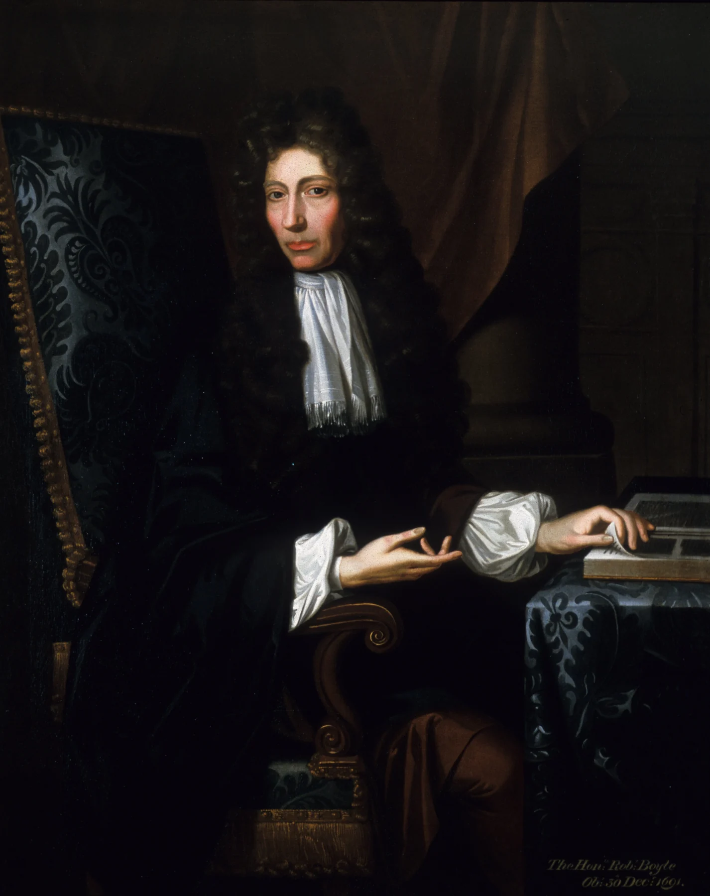 Robert Boyle seated with an open book in Johann Kerseboom’s1689Shannon portrait; complete supplied image retained.
