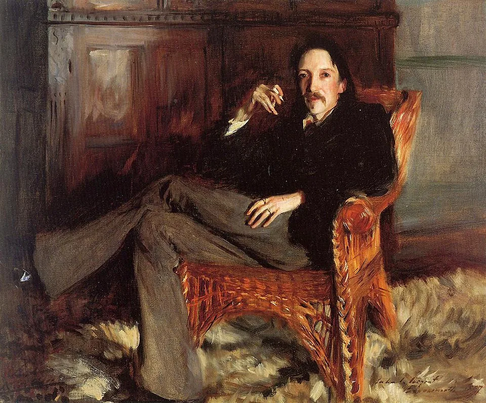 John Singer Sargent’s 1887 oil portrait of Stevenson seated in a wicker chair, with his hands, crossed legs, room and signature retained