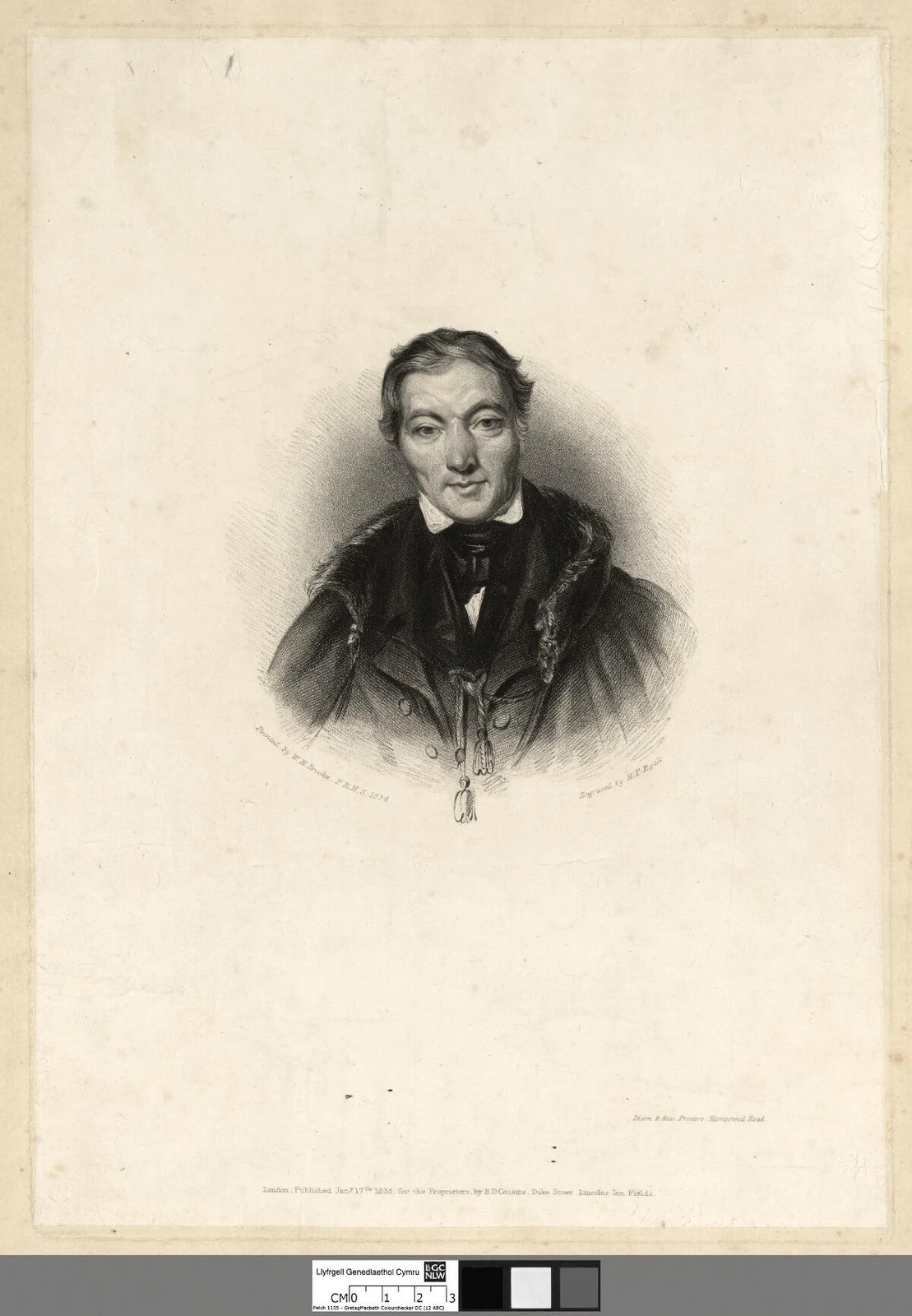 Robert Owen in Henry Thomas Ryall’s 1835 engraving after William Henry Brooke, with full paper and the National Library of Wales banner retained.