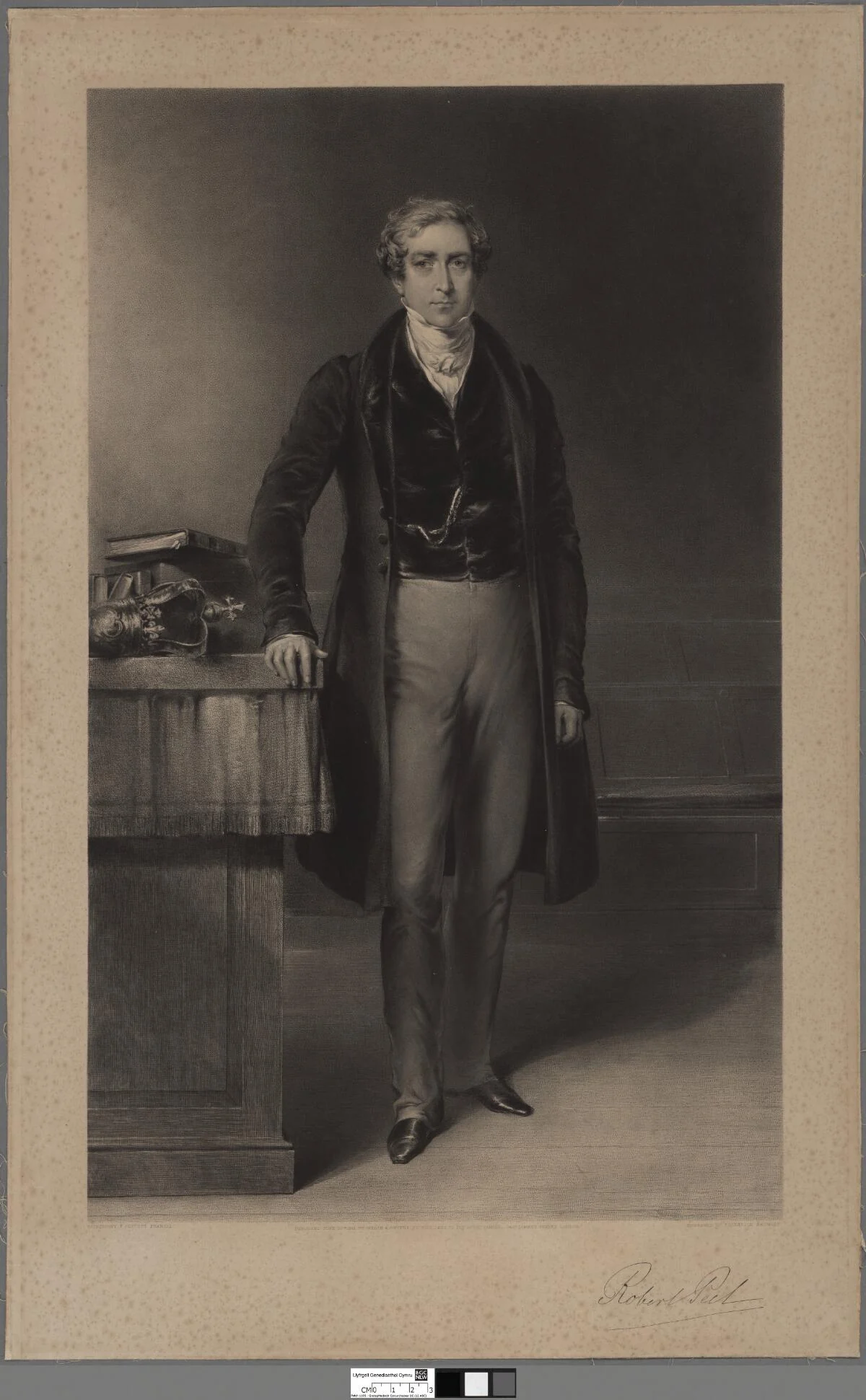 Full 1841 mezzotint portrait of Robert Peel by Frederick Bromley, with the supplied paper margins and catalogue scale retained.