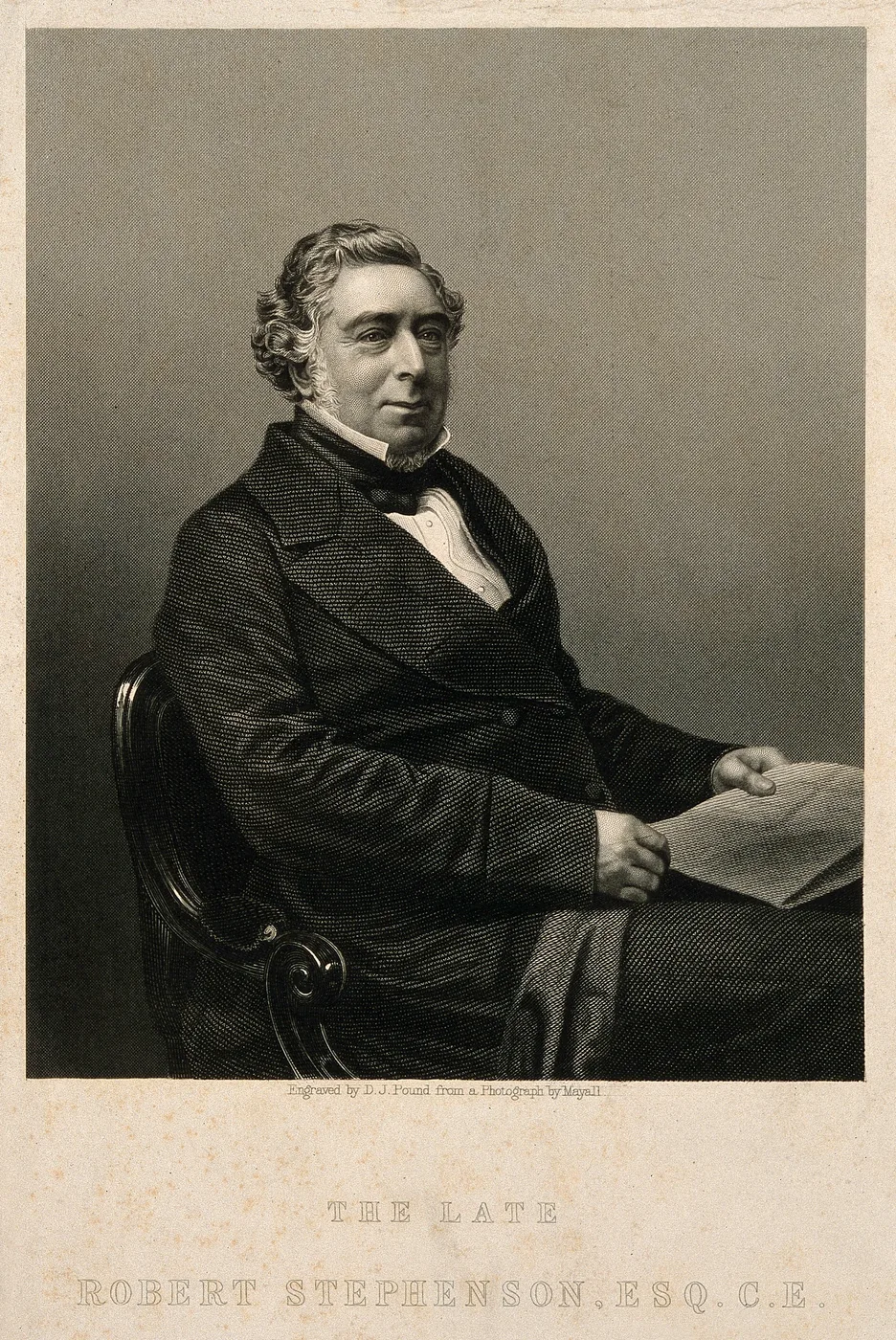 Complete 1860 engraving of Robert Stephenson seated with a book, retaining the printed name and paper margins.
