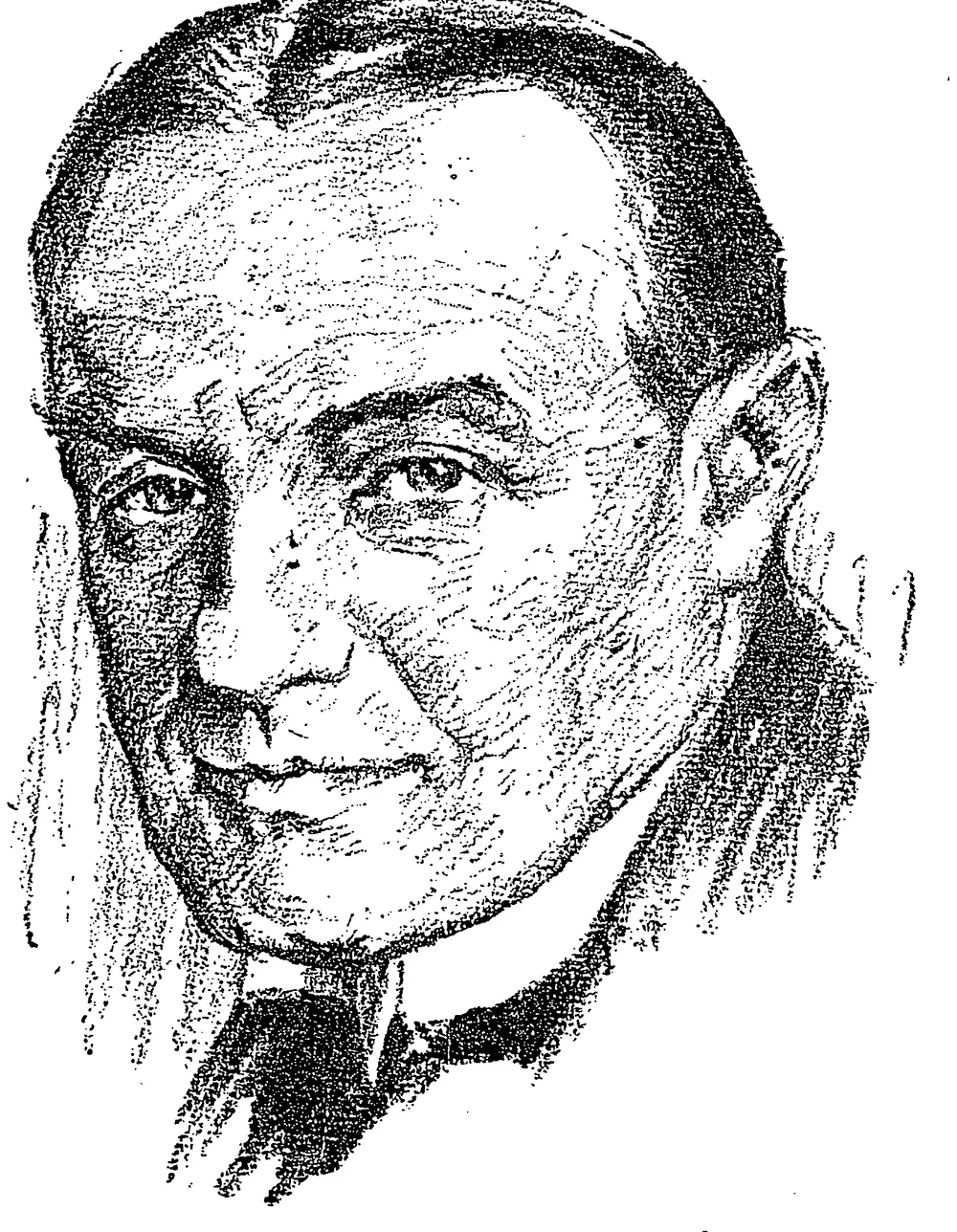 Complete black-and-white newspaper drawing of Stanley Baldwin by Samuel Johnson Woolf, published in 1923, with supplied white space retained.
