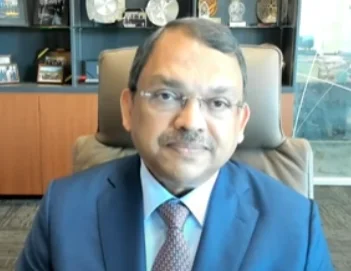 Sunny Verghese speaking from his office in a frame from a World Economic Forum food-value-chain discussion.