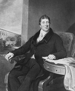 Complete small engraved portrait of Thomas Telford seated at a table, by William Raddon after Samuel Lane.