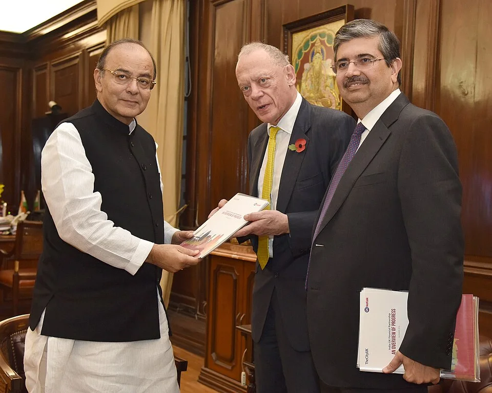 Uday Kotak at right, Gerry Grimstone at centre and Arun Jaitley at left during a New Delhi meeting in November 2016.