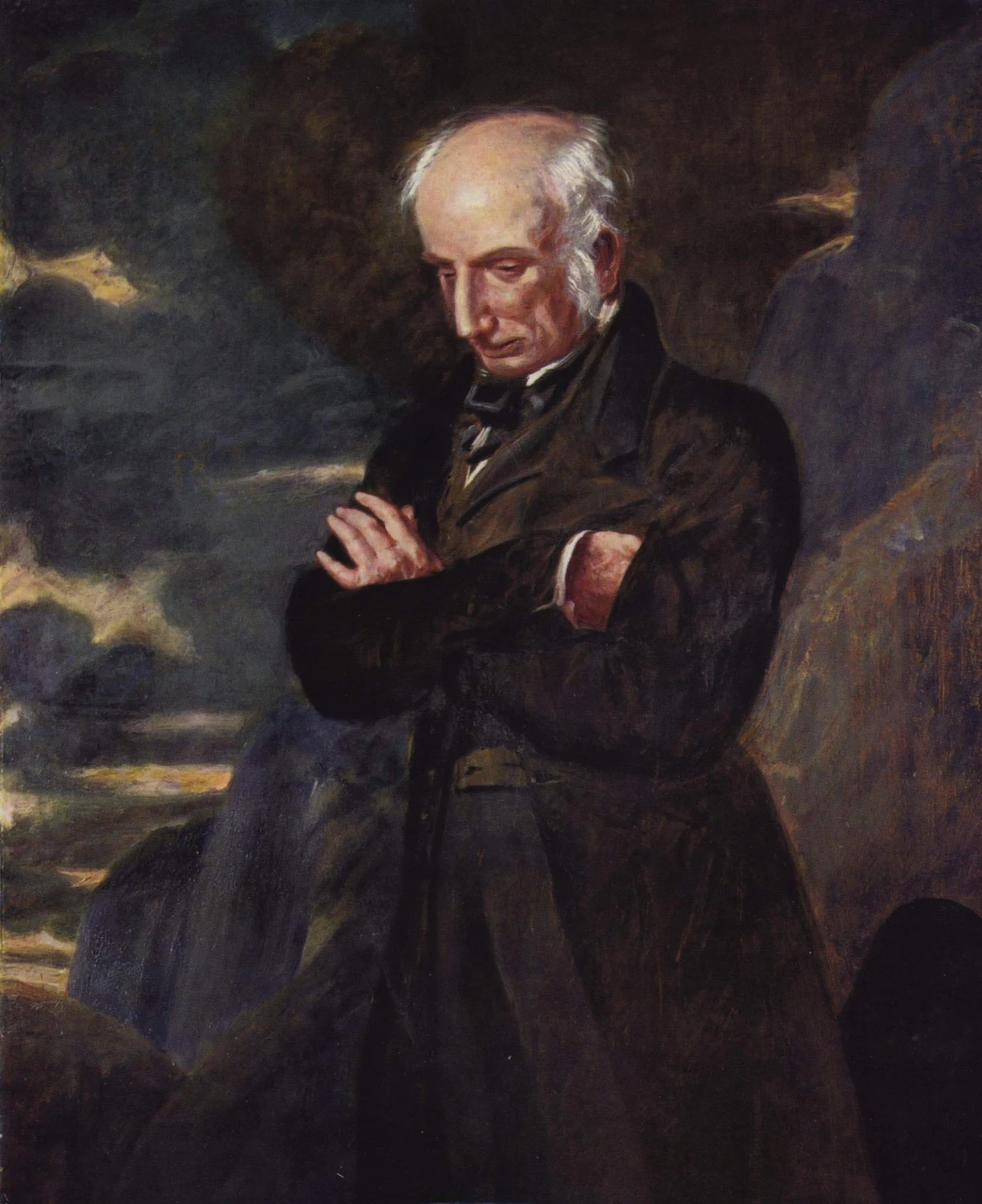 Complete Haydon portrait of William Wordsworth on Helvellyn, with folded arms, book, clothing and mountain landscape retained